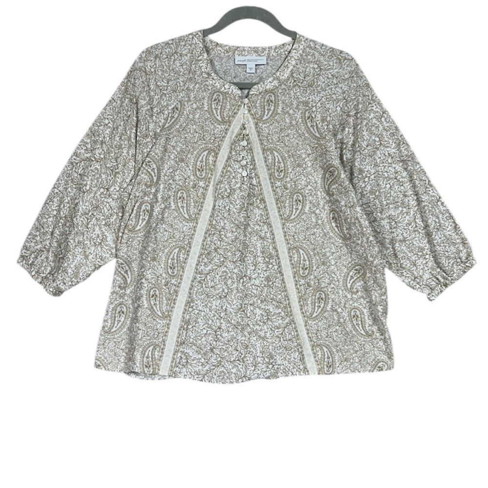 PureJill Organically Grown Cotton Buttoned Popover Paisley Blouse Sz M Cream